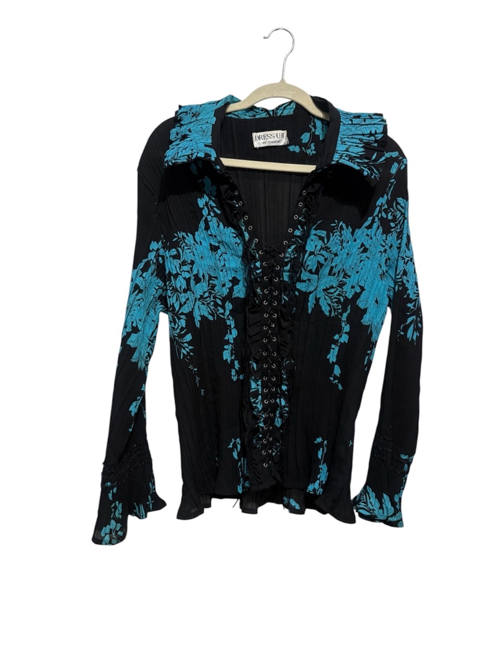 Vintage Black and Turquoise Floral Lace-Up Blouse